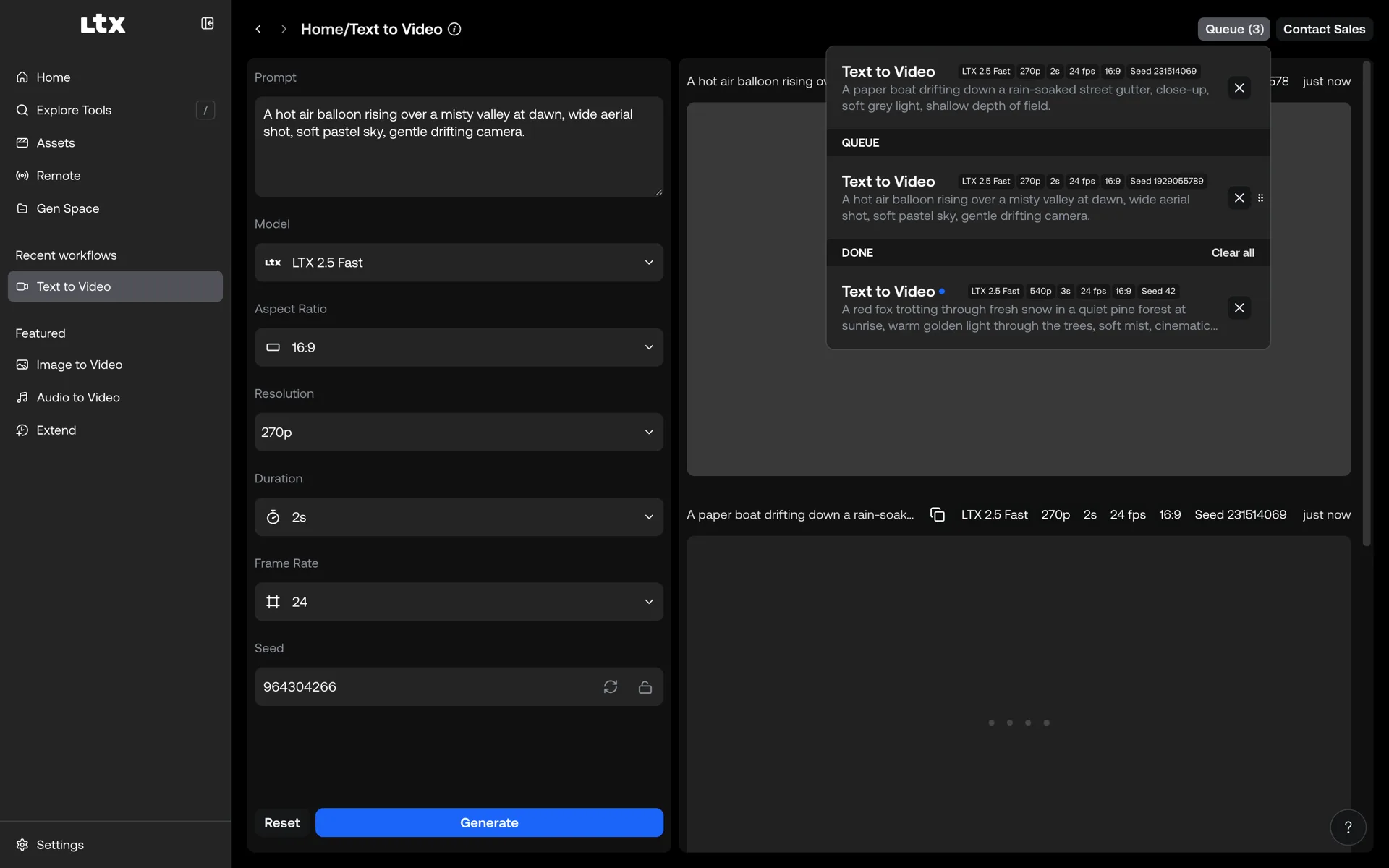 Generation queue with running, pending, and done jobs