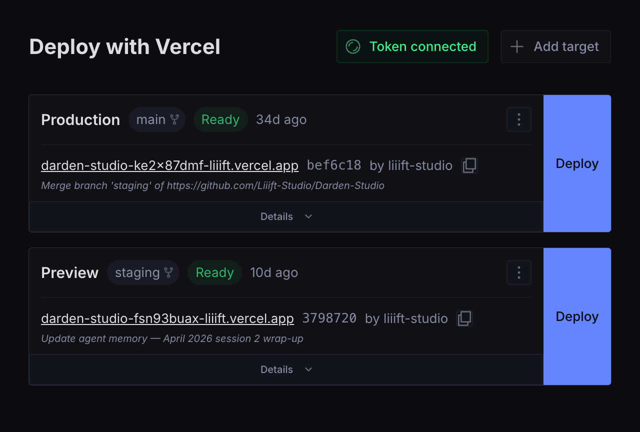 Deploy with Vercel — Production and Preview targets with live status