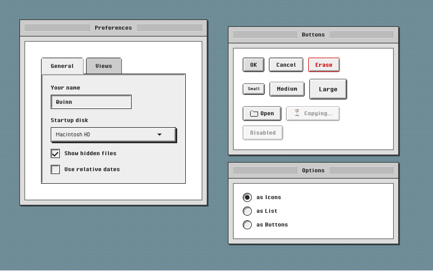 A Preferences window with tabs, a text field, a dropdown and checkboxes, beside windows showing button variants, sizes, icon and loading states, and a radio group
