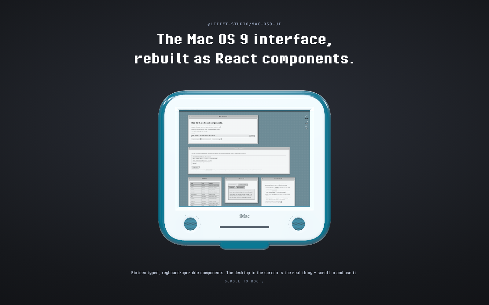 The Mac OS 9 UI landing site: a beige CRT monitor on a dark background, its screen showing a Mac OS 9 desktop with a menu bar and a window