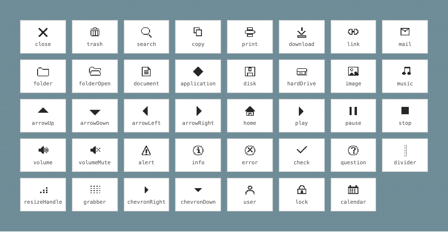 Thirty-nine pixel-art icons on a Mac OS 9 desktop background, each labelled with its registry name: close, trash, search, folder, document, disk, arrows, alerts, media controls and more