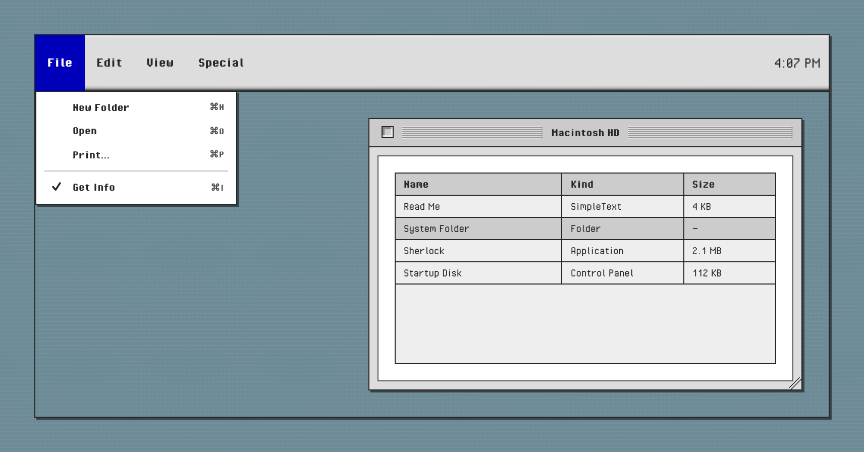 A Mac OS 9 menu bar with the File menu open showing New Folder, Open, Print and a checked Get Info item, beside a Macintosh HD window containing a sortable file list