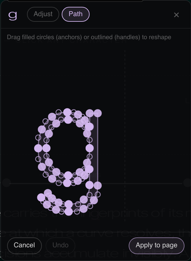 The glyphShaper bezier editor open on the letter 'g': every anchor point (filled circles) and bezier handle (outlined circles) of the glyph outline is draggable, with Adjust/Path tabs and an 'Apply to page' button.