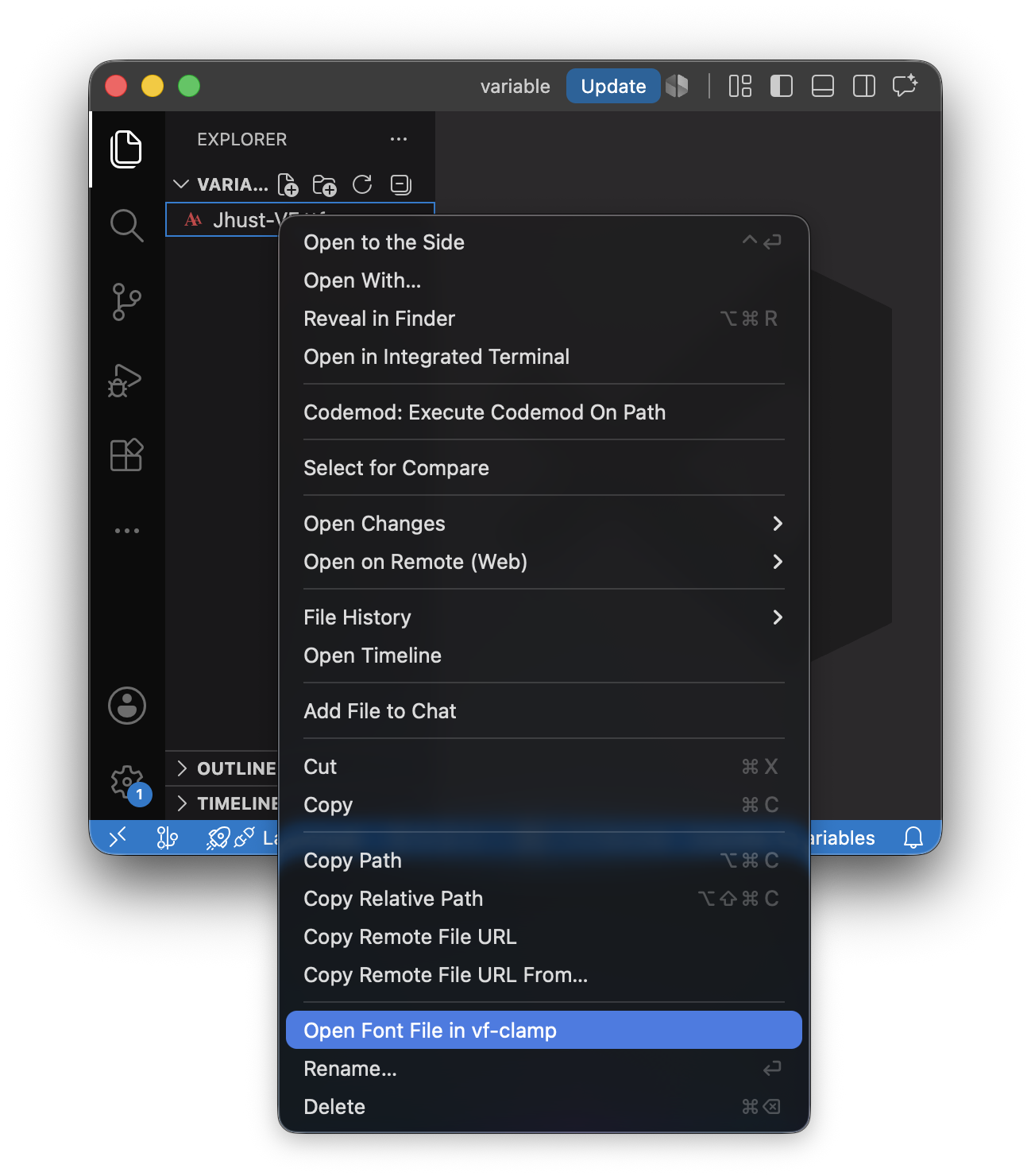 vf-clamp for VS Code: right-clicking a variable font in the Explorer reveals an "Open Font File in vf-clamp" command
