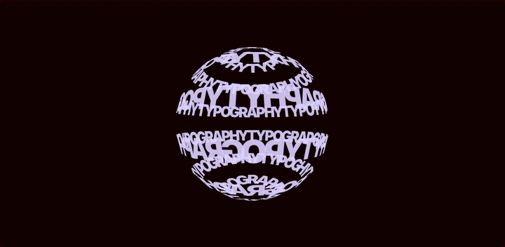 The word TYPOGRAPHY rendered as real HTML spans wrapped around a slowly rotating 3D sphere