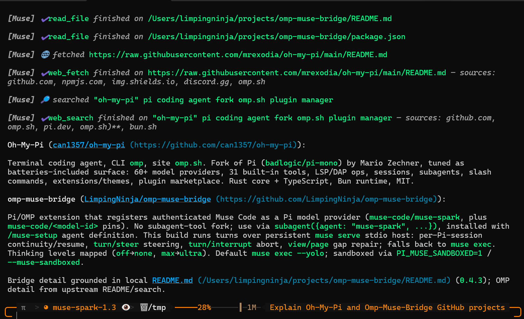 Muse Bridge showing tool activity and a response in OMP