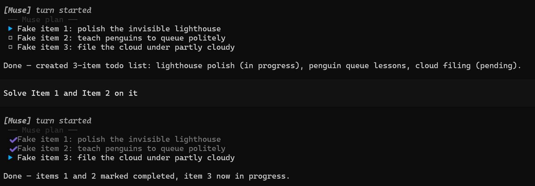 Muse Bridge showing pending, in-progress, and completed tasks