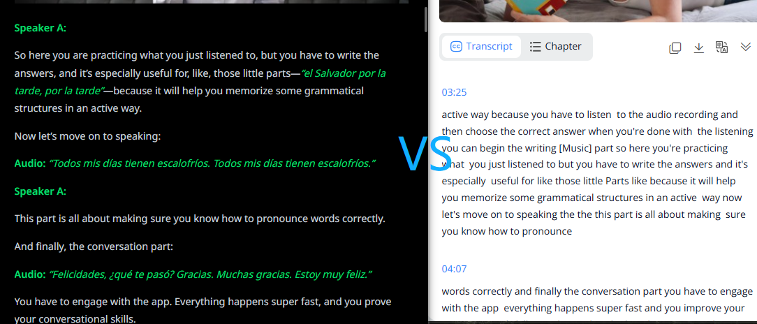 Comparison of messy YouTube auto-captions versus clean structured transcripts generated by Y2Doc.