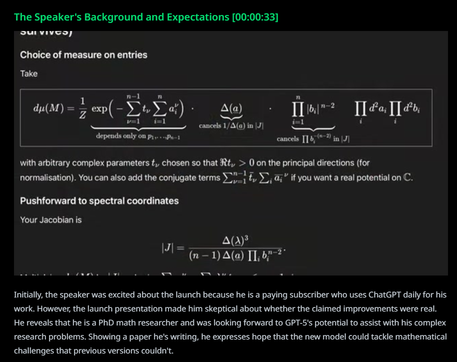 Y2Doc structured transcript embedding a screenshot of math formulas to preserve visual context, showing accurate video to text for study