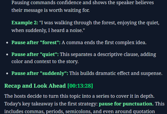 Screenshot of a Y2Doc transcript from a YouTube language lesson, showing grammar examples, pauses for punctuation, and structured notes with timestamps.