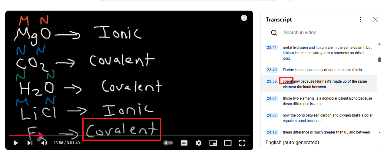 Chemistry lecture where the YouTube transcript mishears “covalent” as “covent,” a mistake that misleads learners