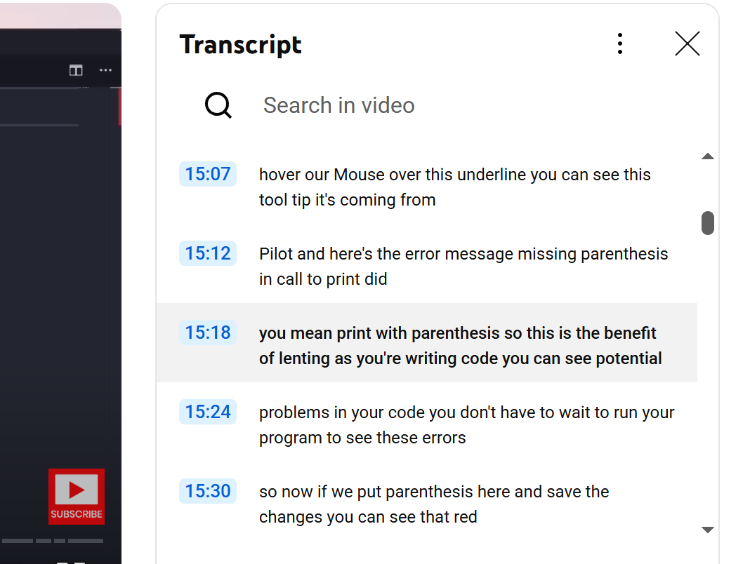 YouTube video transcript panel showing captions without punctuation and with arbitrary line breaks—typical auto-caption issue