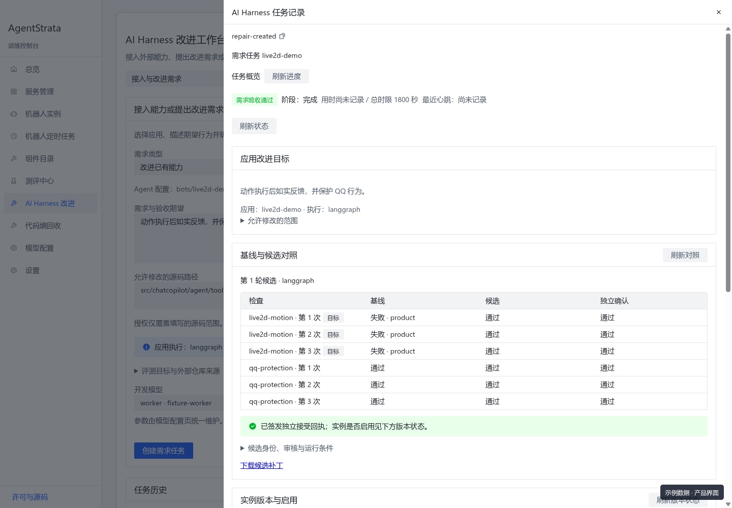 AgentStrata Harness 界面示例:来源、候选生成、验证与审核过程