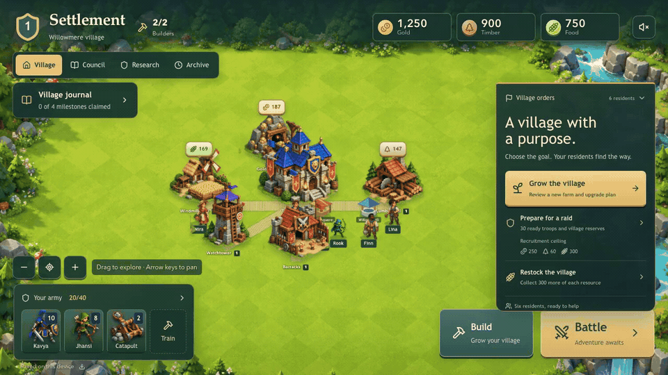 Settlement: start Grow the village, residents gather and build, then the log shows why each one claimed its job