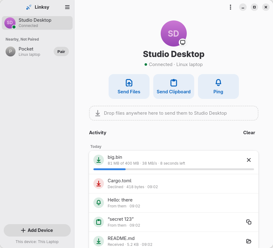 A device's page: actions and a timeline with a transfer in progress