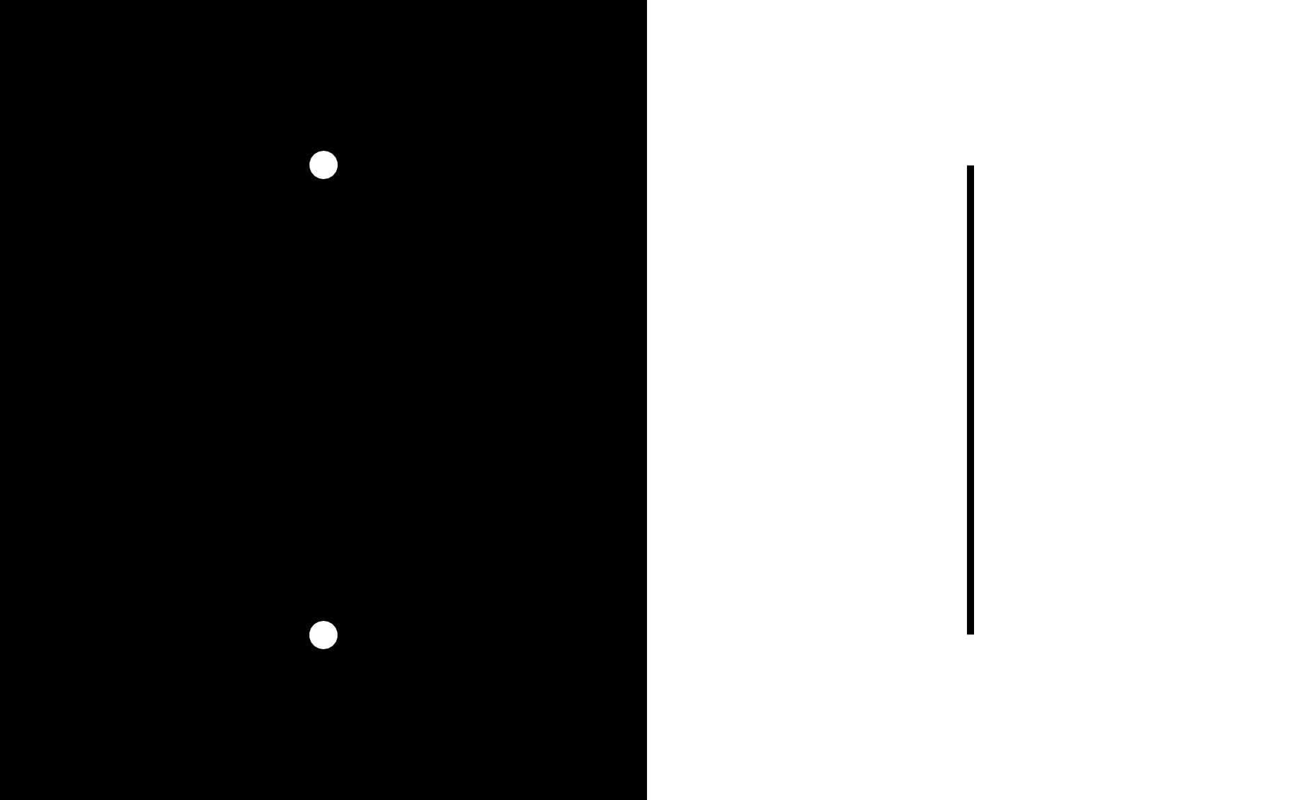 two white dots, black vertical line