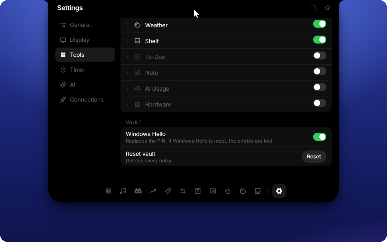 Windows Hello switch in the vault settings