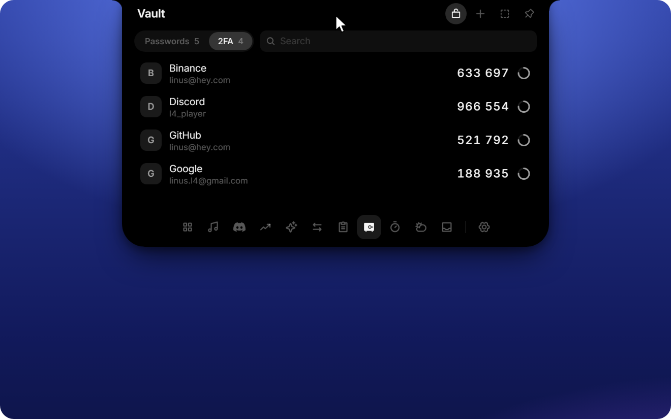 Live 2FA codes with a countdown ring