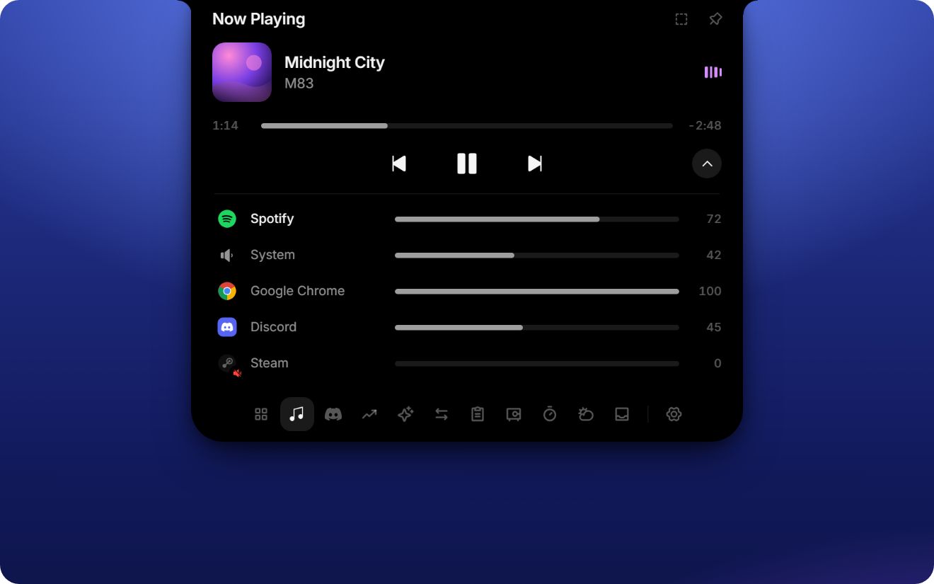 The player with the per-app volume mixer open: Spotify on top, then System, Google Chrome, Discord and a muted Steam