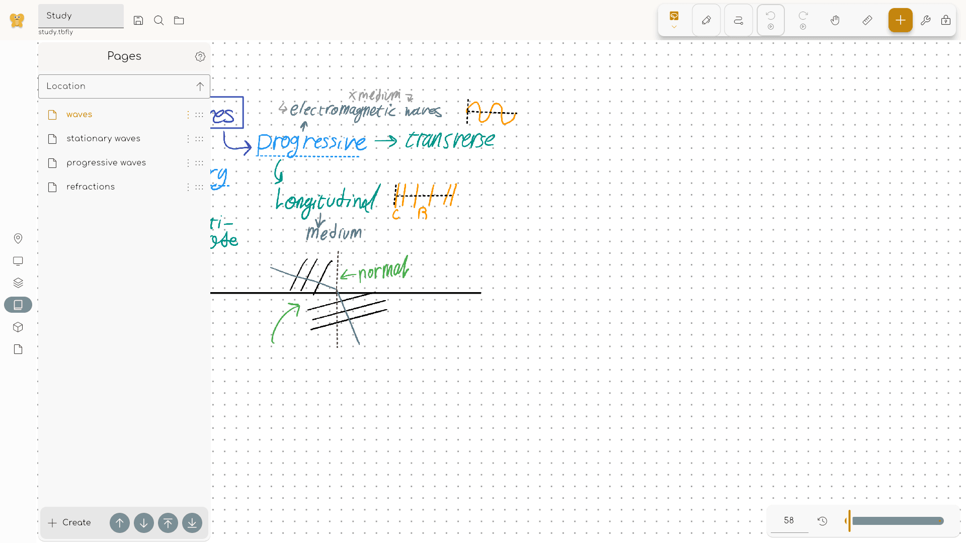 Butterfly canvas showing notes, drawings, pages, and editing tools