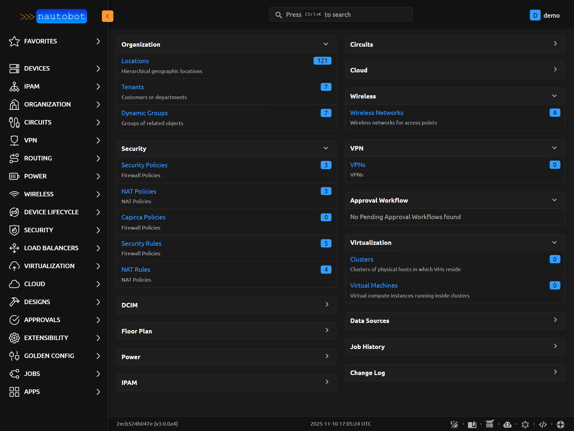 Dark mode Nautobot Wireless Cellular SoT main page screenshot