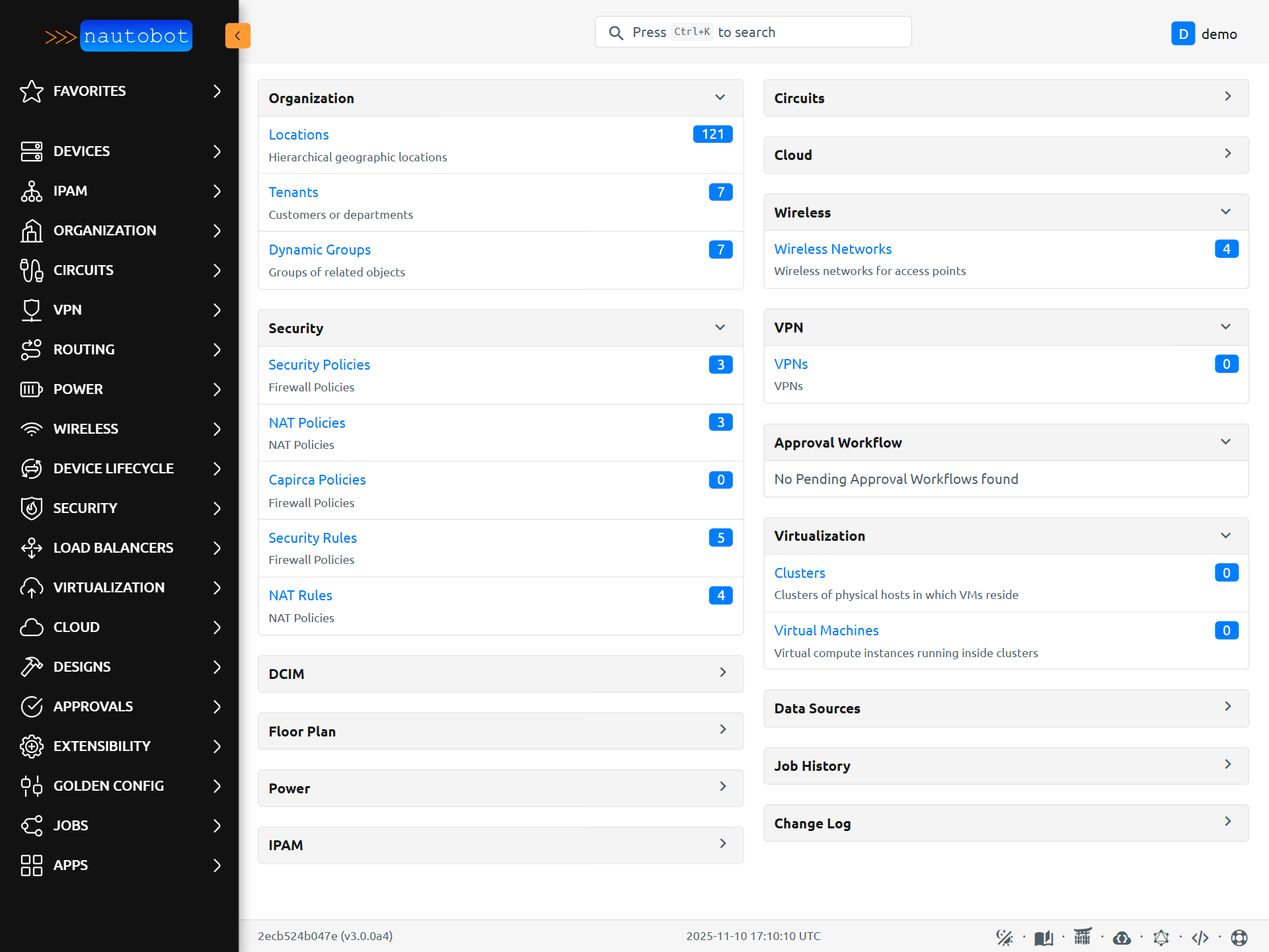 Light mode Nautobot Wireless Cellular SoT main page screenshot
