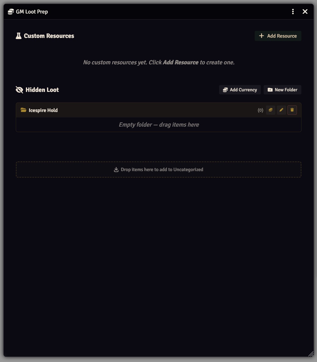 GM Loot Prep window showing custom resources and a hidden loot folder