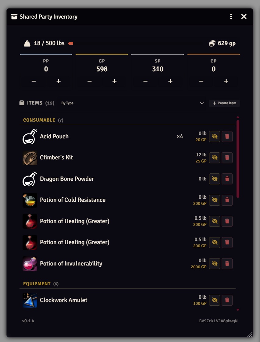 Shared Party Inventory window showing currency controls, capacity bar, and categorized items