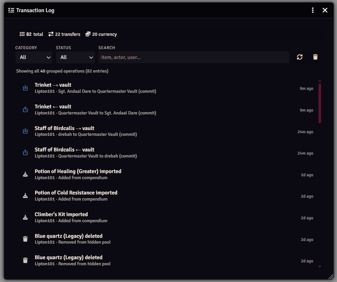 Transaction Log window showing grouped transfer and currency entries