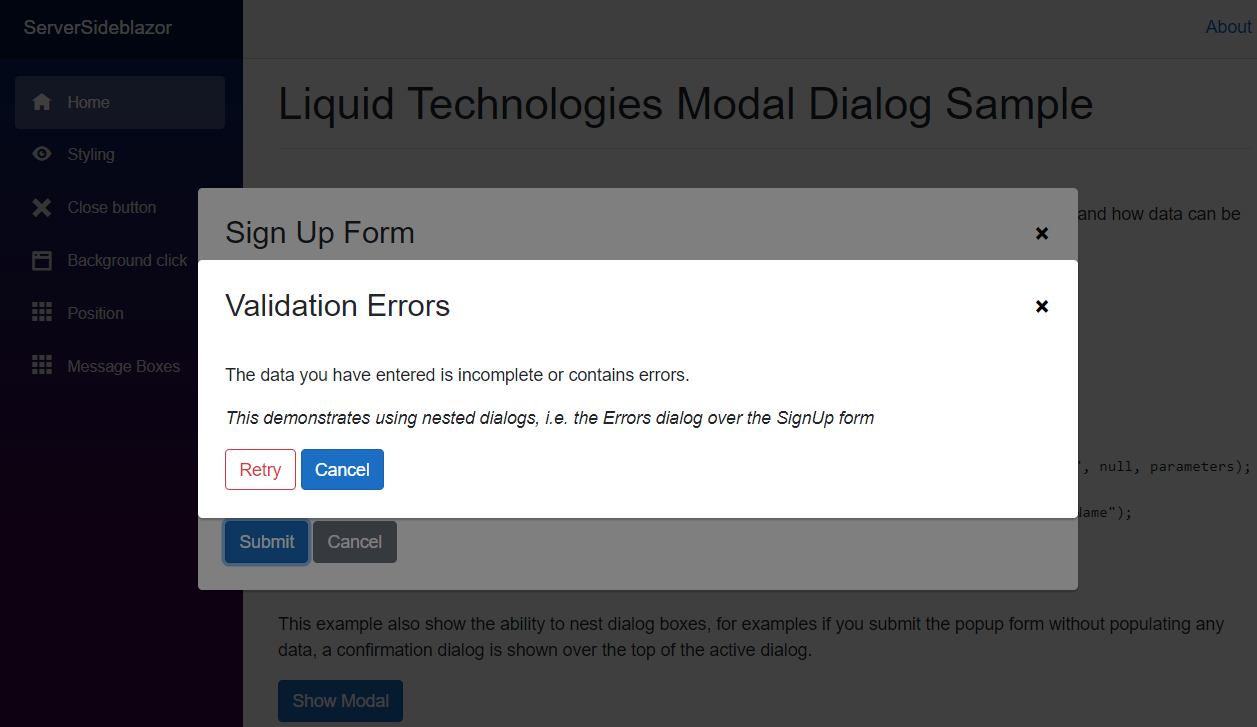 Screenshot of the nested Modal Dialogs