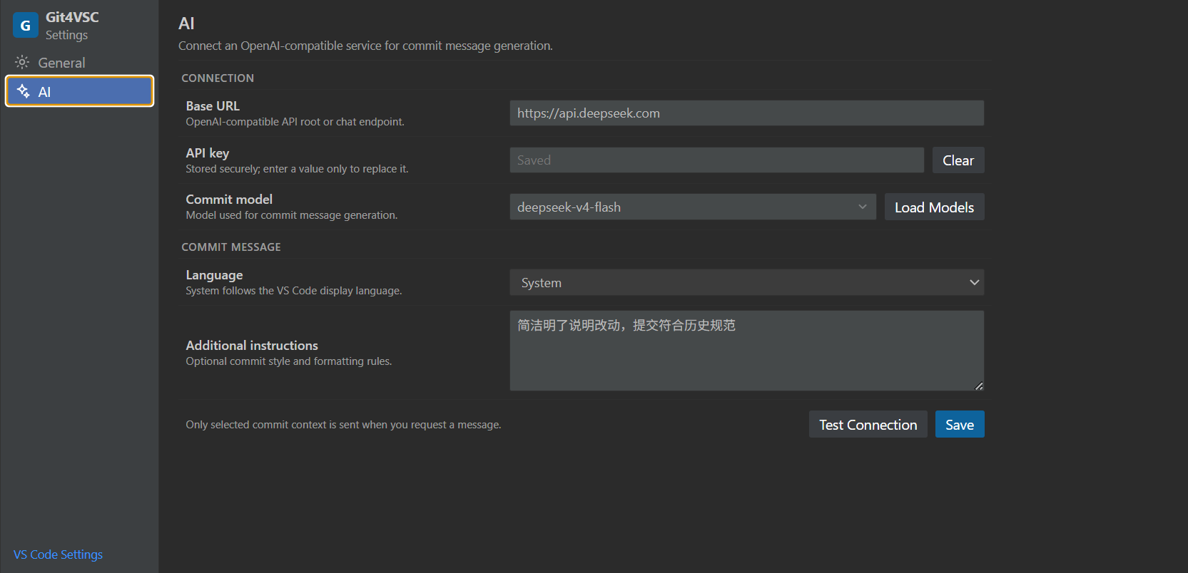 Git4VSC AI commit message settings