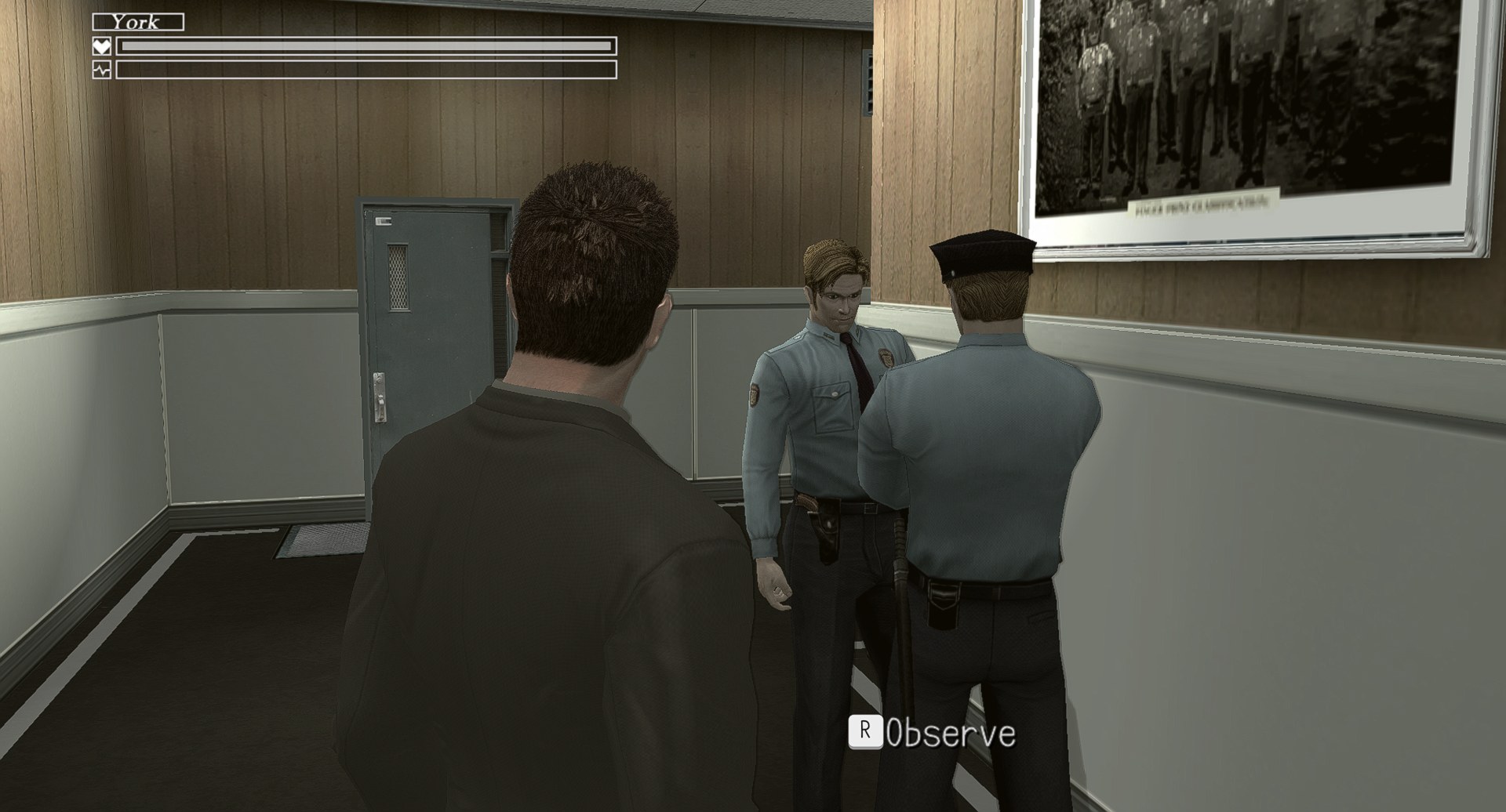 York e policiais no corredor da delegacia com o renderer DirectX 12 nativo do DPRecomp