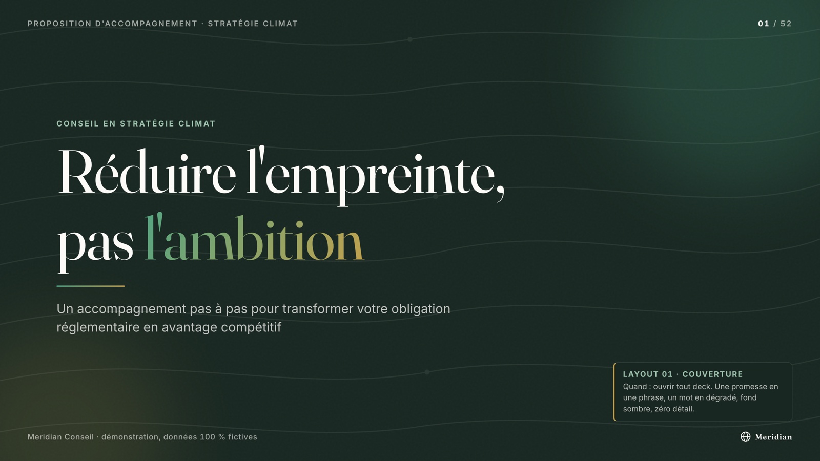 Cover layout — full-screen slide from the Meridian demo catalogue