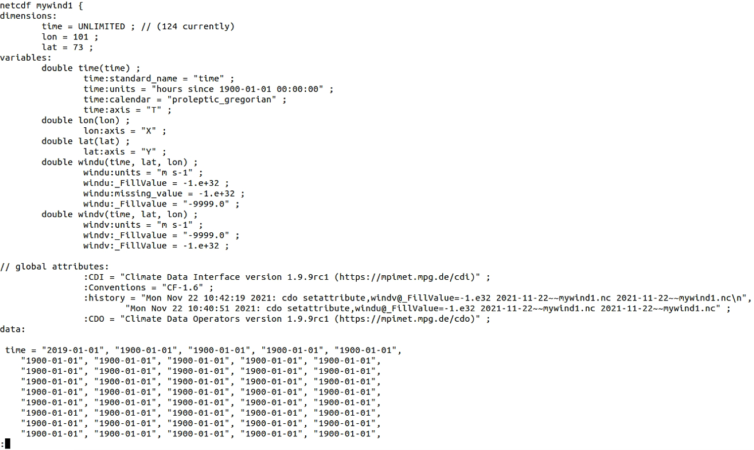 ncdump mywind1.nc -v time -t | less