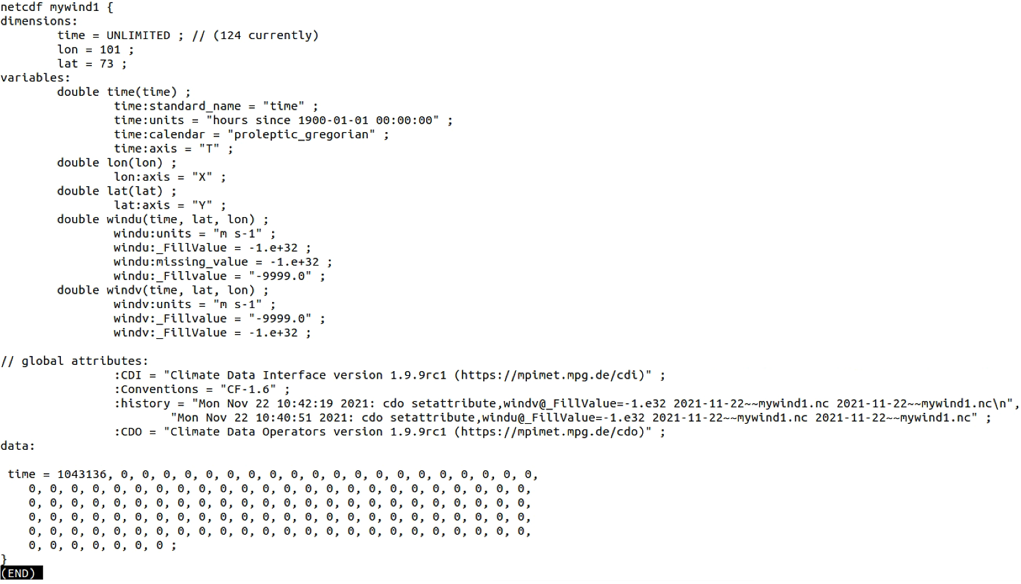 ncdump mywind1.nc -v time | less