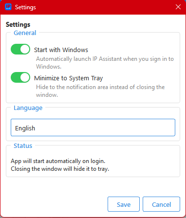 IP Assistant 设置窗口