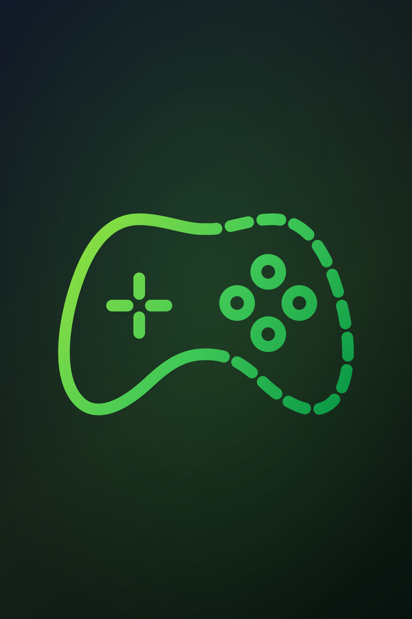 A green outline of a game controller on a vertical dark green background