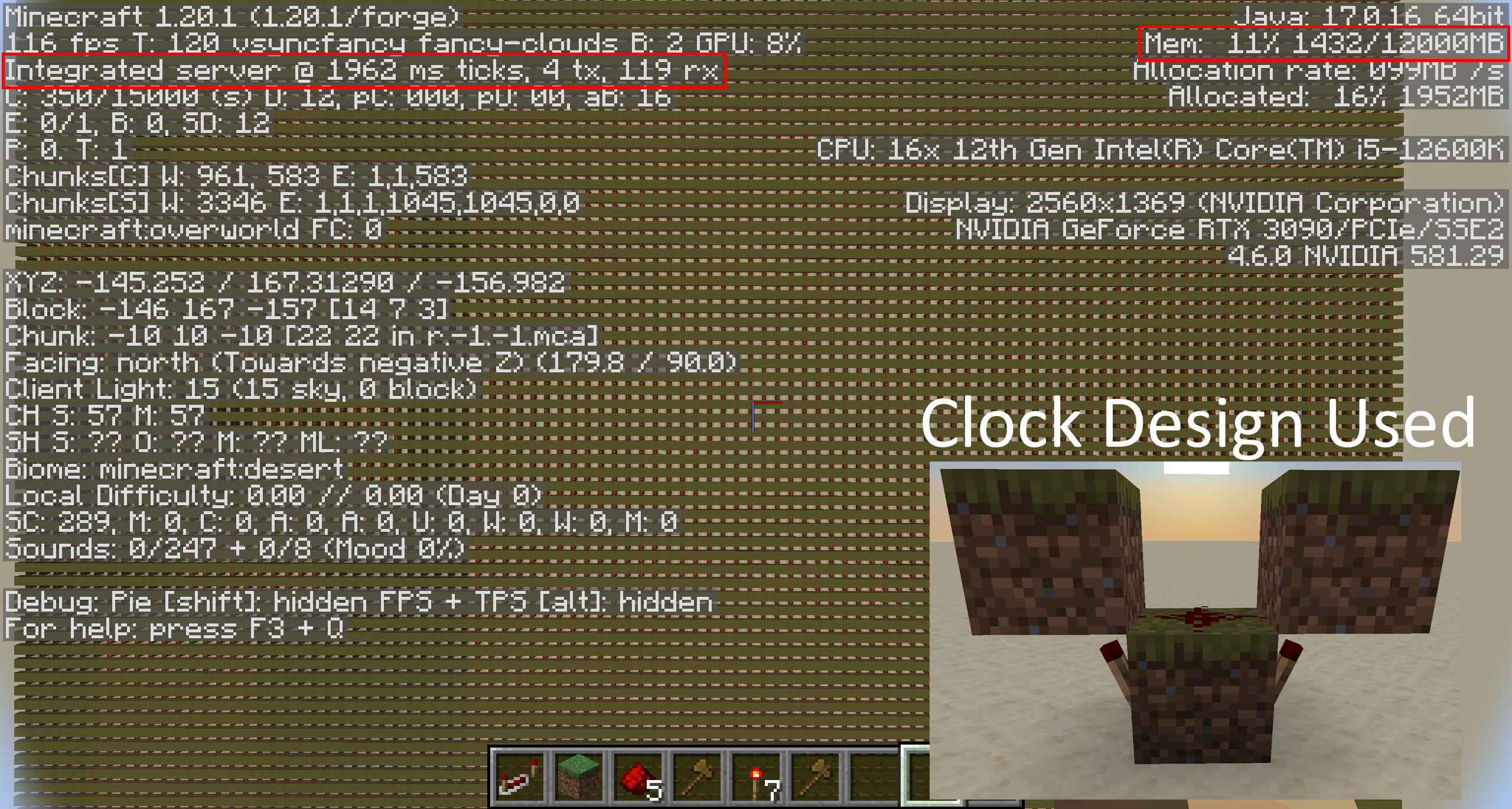 Performance picture for Vanilla with Integrated Server metrics showing 1962ms ticks, 4tx, 119rx and 1432MB of Memory usage