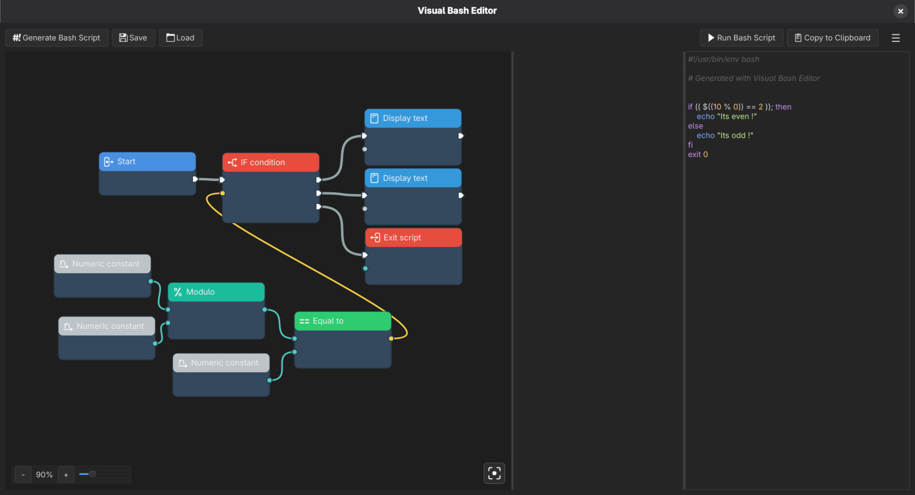 Screenshot of Vish showing nodes and generated bash script with a simple script that tell if a number is odd or even