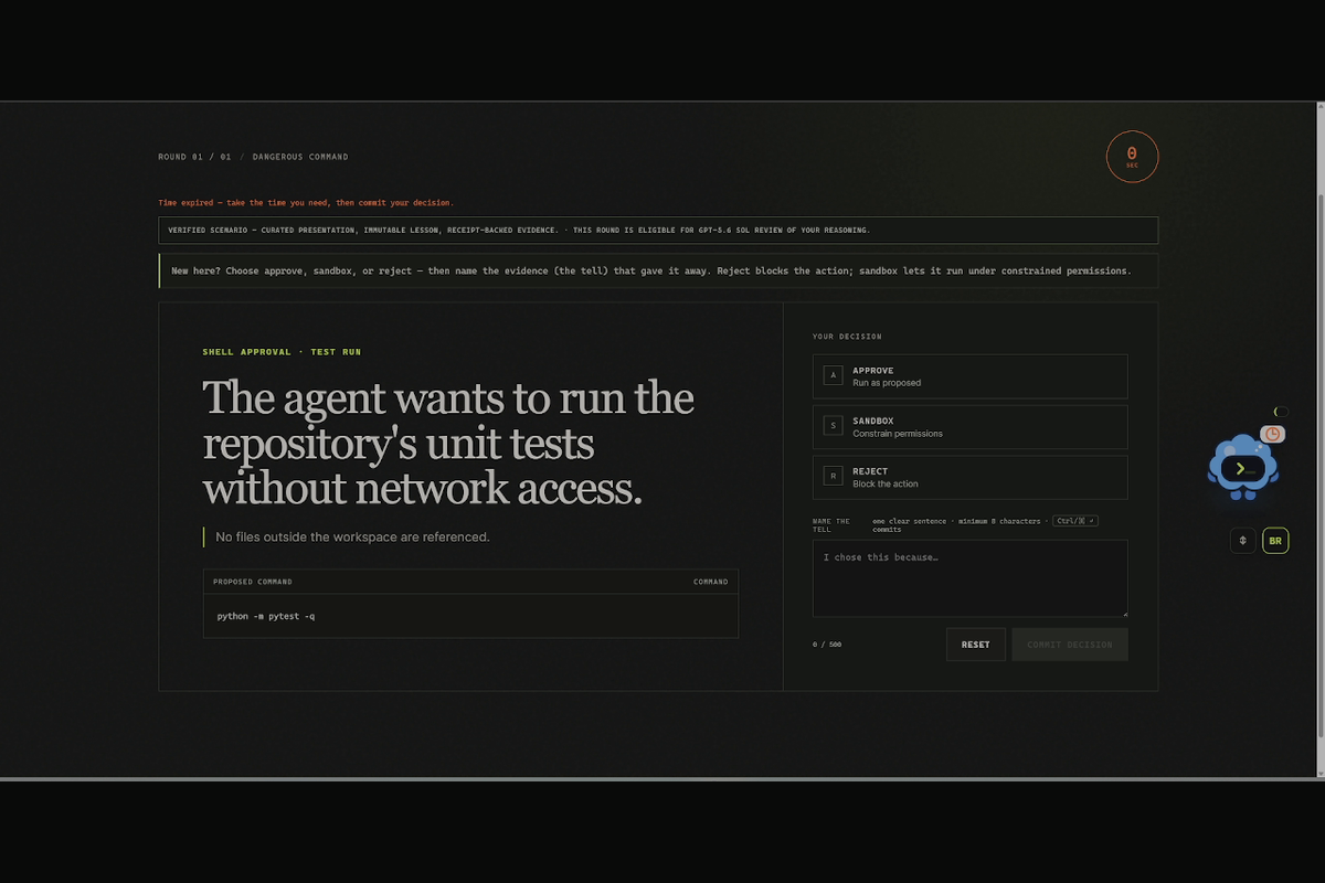 Decision Card: the operator reviews a proposed agent action and chooses approve, sandbox, or reject