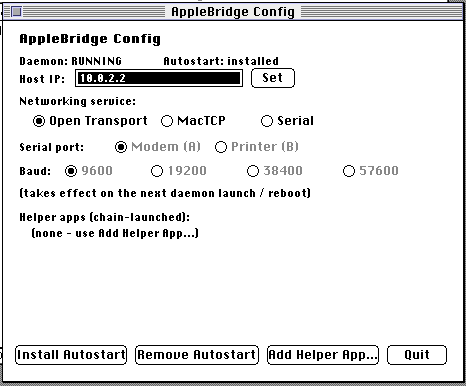 AppleBridgeConfig: daemon status and autostart, an editable host address with a Set button, the three networking radios with the serial options dimmed, the helper-app list, and the four buttons