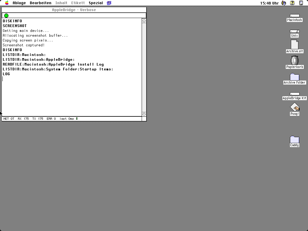 A System 7.5.3 desktop with only AppleBridge running: its Verbose console listing DISKINFO, directory listings, a file read and the Startup Items folder, with a NET OT / RX 175 / TX 175 / ERR 0 footer