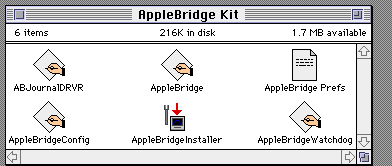 The mounted AppleBridge Kit volume in the guest: ABJournalDRVR, AppleBridge, AppleBridge Prefs, AppleBridgeConfig, AppleBridgeInstaller and AppleBridgeWatchdog