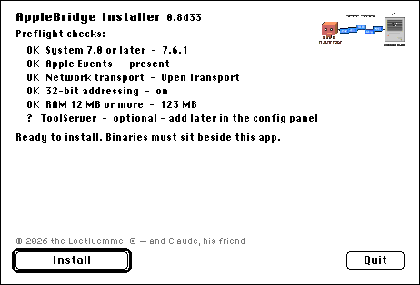 The installer's preflight screen: System 7.0 or later, Apple Events, network transport, 32-bit addressing and RAM all OK, ToolServer marked optional