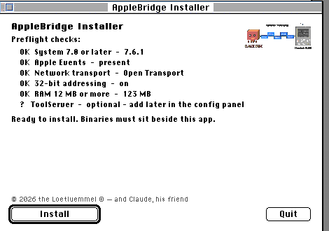 The installer after a successful run: installed to MeinMac:AppleBridge, prefs in the Preferences folder, Restart to start the bridge