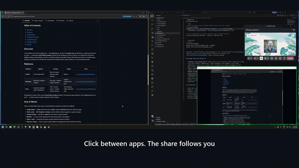 CursorFollow following focus between Chrome and VS Code while its output window is shared in a Slack huddle