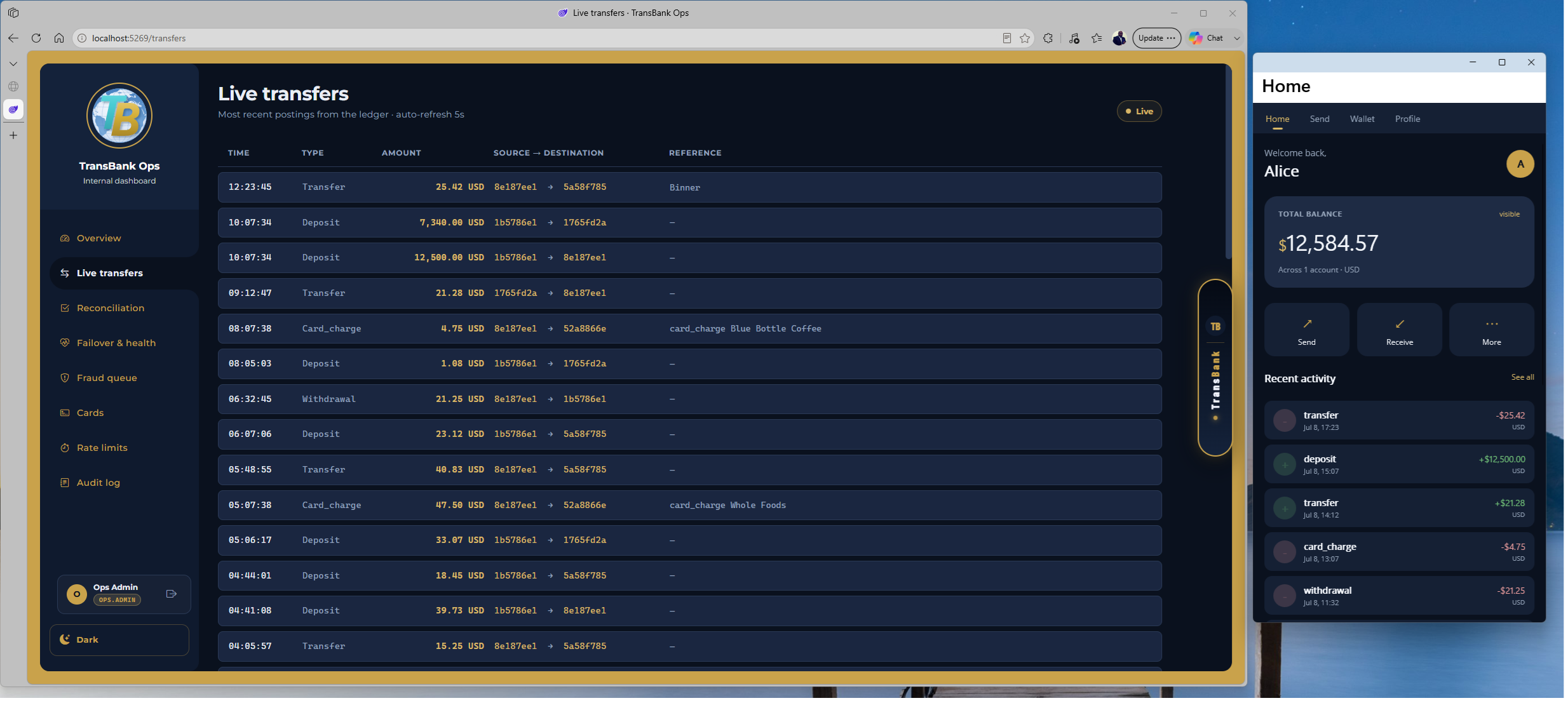 Same transfer visible in Ops Live transfers and Alice's Home