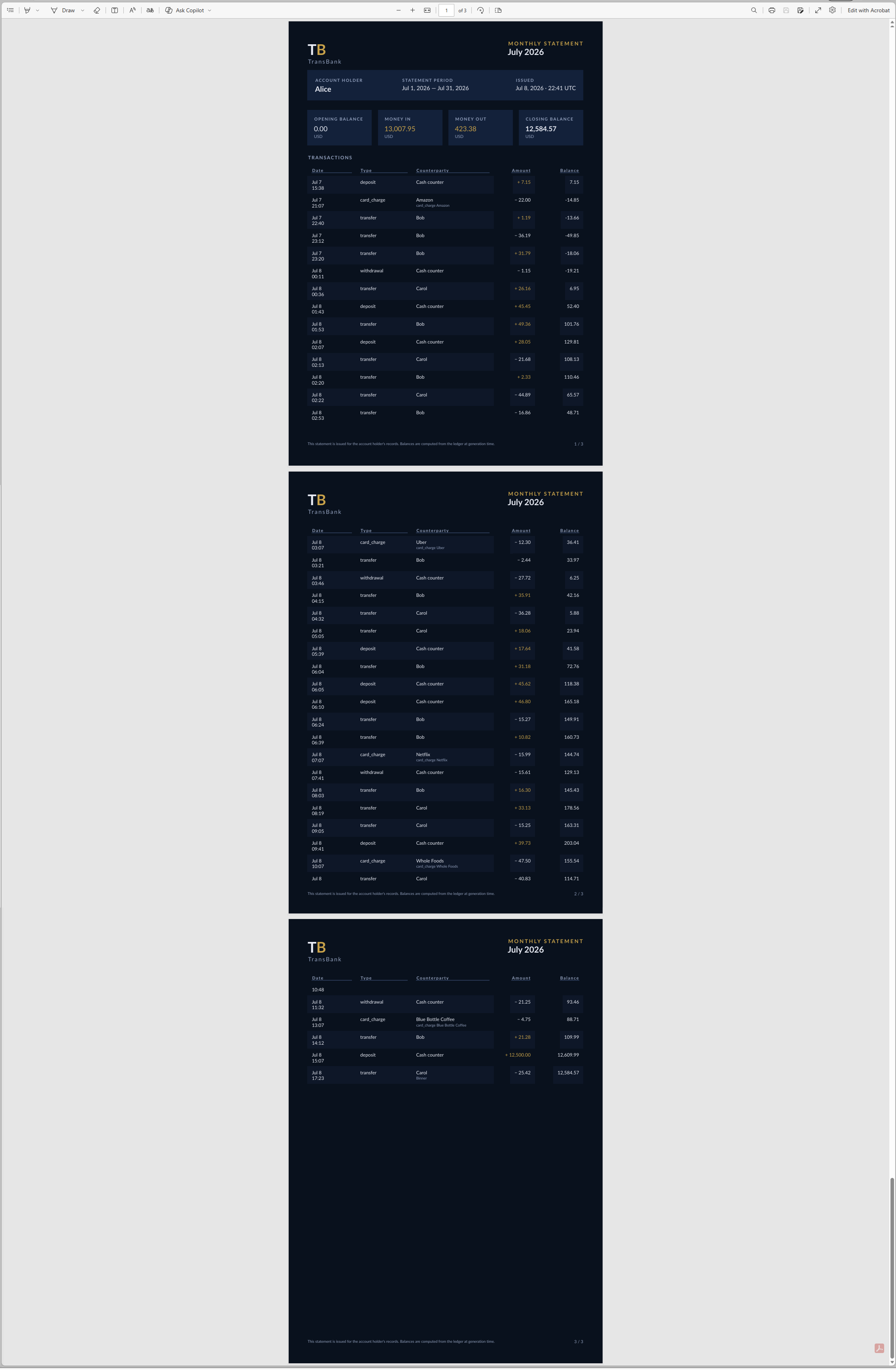 Real 3-page monthly PDF statement