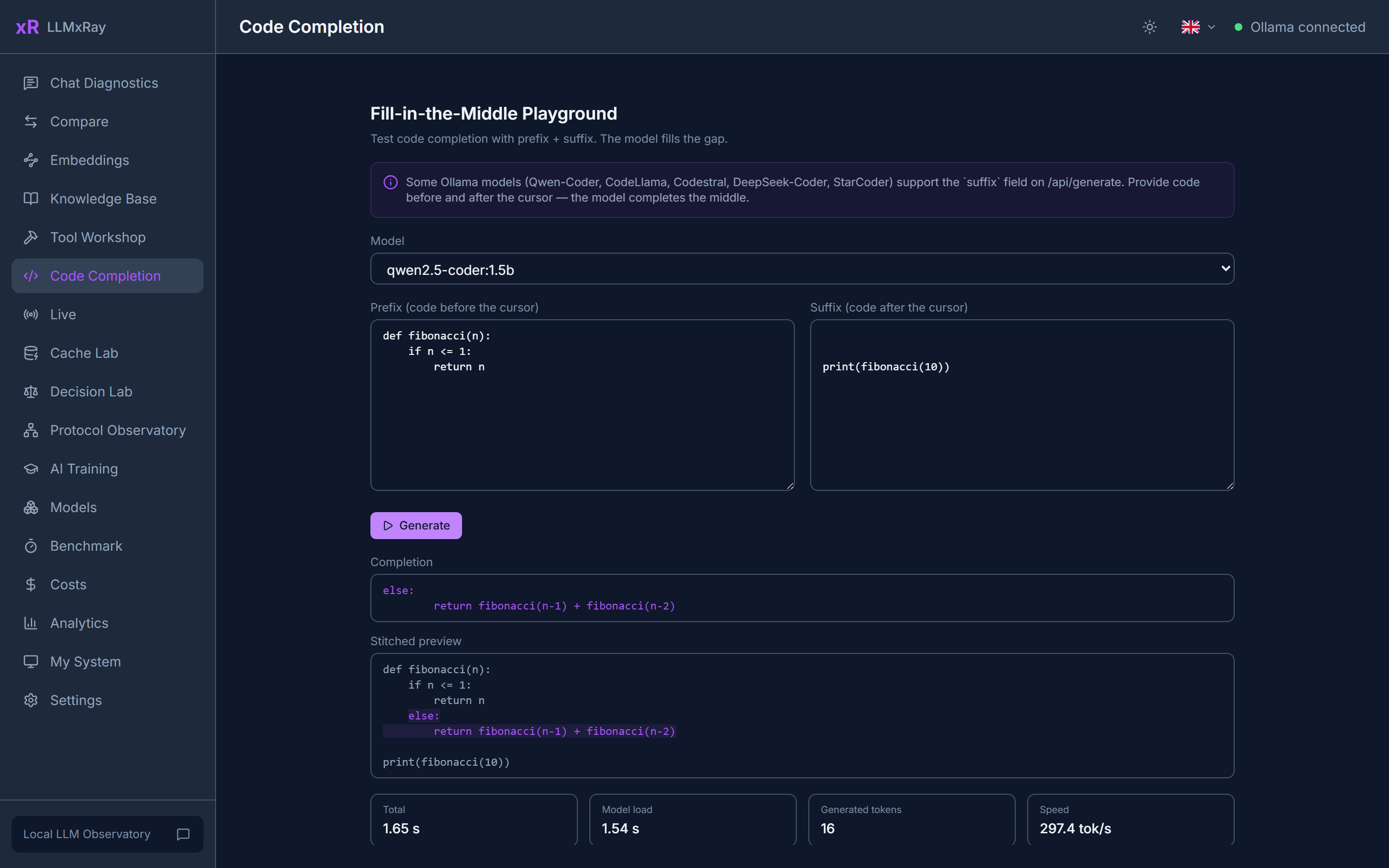 Code Completion: prefix, suffix and stitched preview