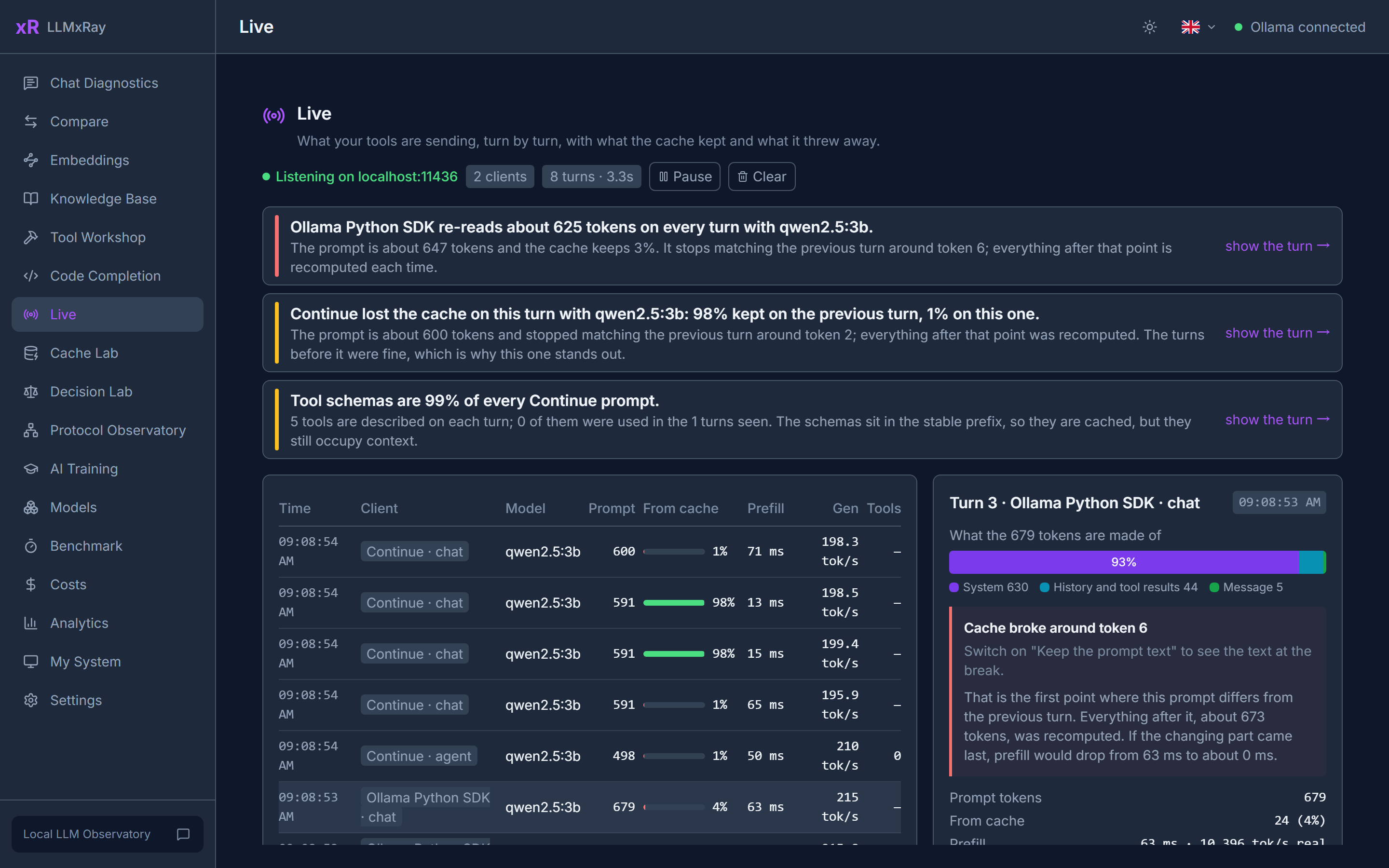Live: turns from two clients, with findings